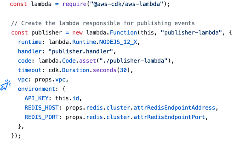 A code snippet showing how to use AWS CDK to create a Lambda function